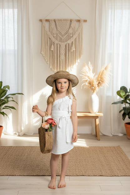 Dívčí šaty  z mušelínu, na jedno rameno -Allie