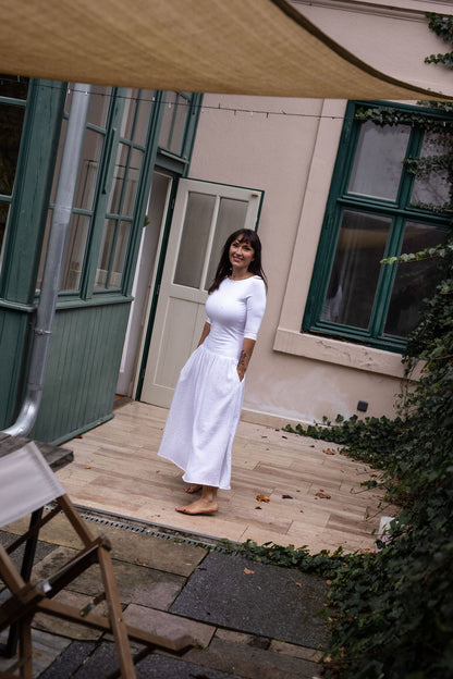 damske-saty-uplet-muselin-3/4-rukav-jednoduchost-styl-pro-kazde-rocni-obdobi-vecere-k-mori-elegantni-zlate-tecky-bila