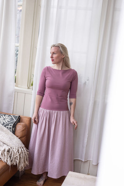 damske-saty-uplet-muselin-3/4-rukav-jednoduchost-styl-pro-kazde-rocni-obdobi-vecere-k-mori-elegantni-zlate-tecky-růžova