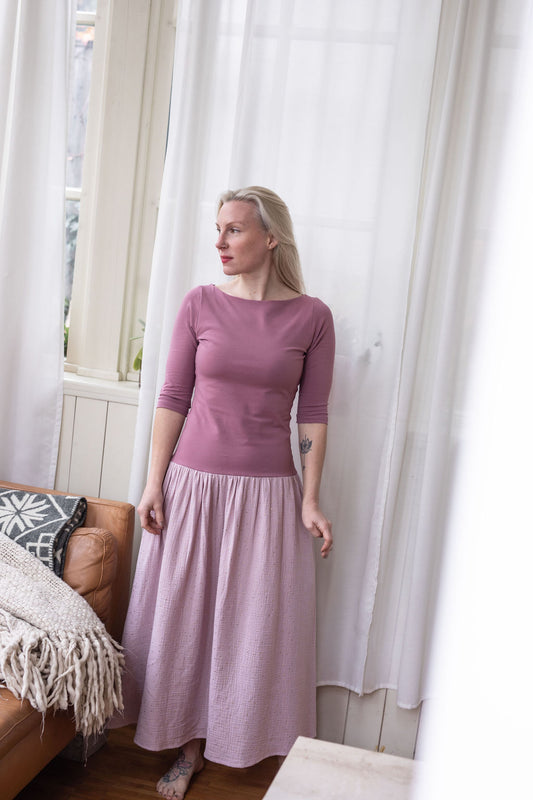 damske-saty-uplet-muselin-3/4-rukav-jednoduchost-styl-pro-kazde-rocni-obdobi-vecere-k-mori-elegantni-zlate-tecky-růžova