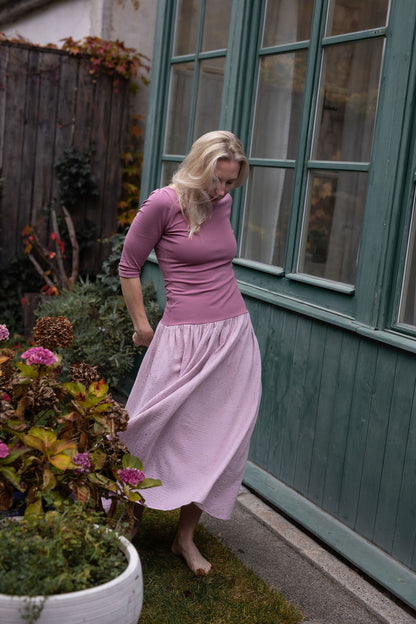 damske-saty-uplet-muselin-3/4-rukav-jednoduchost-styl-pro-kazde-rocni-obdobi-vecere-k-mori-elegantni-zlate-tecky-růžova