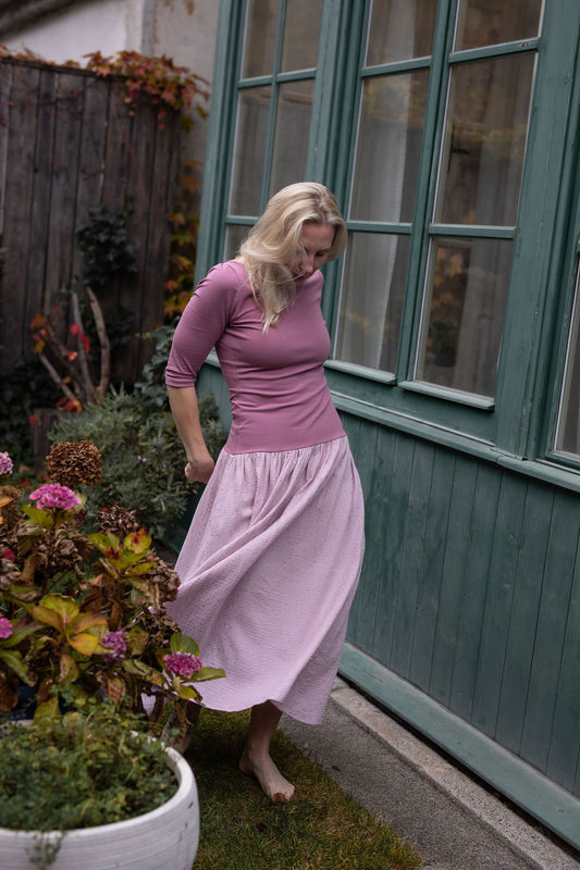 damske-saty-uplet-muselin-3/4-rukav-jednoduchost-styl-pro-kazde-rocni-obdobi-vecere-k-mori-elegantni-zlate-tecky-růžova