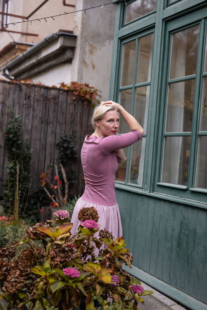 damske-saty-uplet-muselin-3/4-rukav-jednoduchost-styl-pro-kazde-rocni-obdobi-vecere-k-mori-elegantni-zlate-tecky-růžova