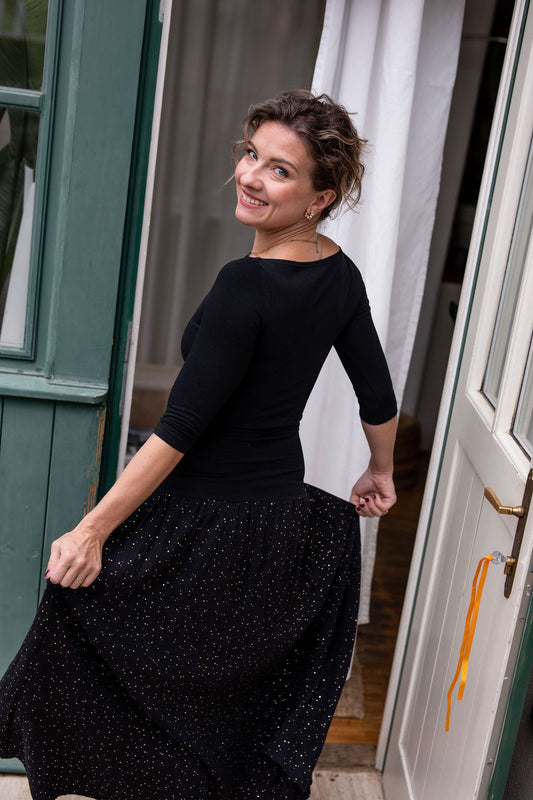 damske-saty-bambus-muselin-3/4-rukav-jednoduchost-styl-pro-kazde-rocni-obdobi-vecere-k-mori-elegantni-zlate-tecky-cerna