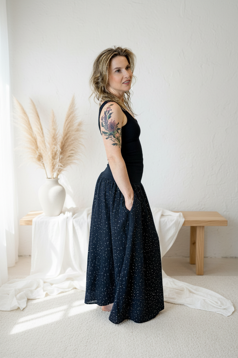 damske-saty-pruzne-pohodlne-úplet-nahoře-lehka- bohata-mušelínova-sukně-všestranné-nadčasové-styl-svoboda -zlate-tecky-cerna