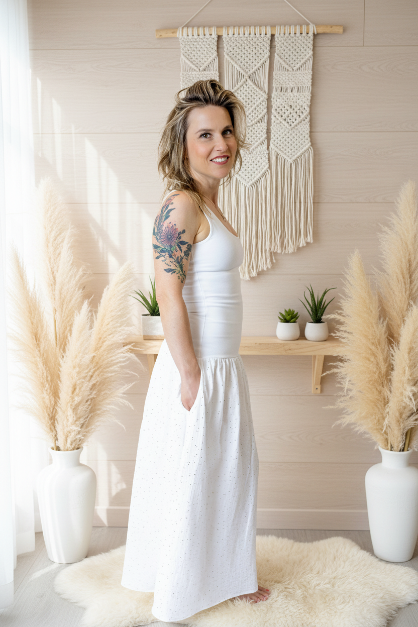 damske-saty-pruzne-pohodlne-úplet-nahoře-lehka- bohata-mušelínova-sukně-všestranné-nadčasové-styl-svoboda -zlate-tecky-bila